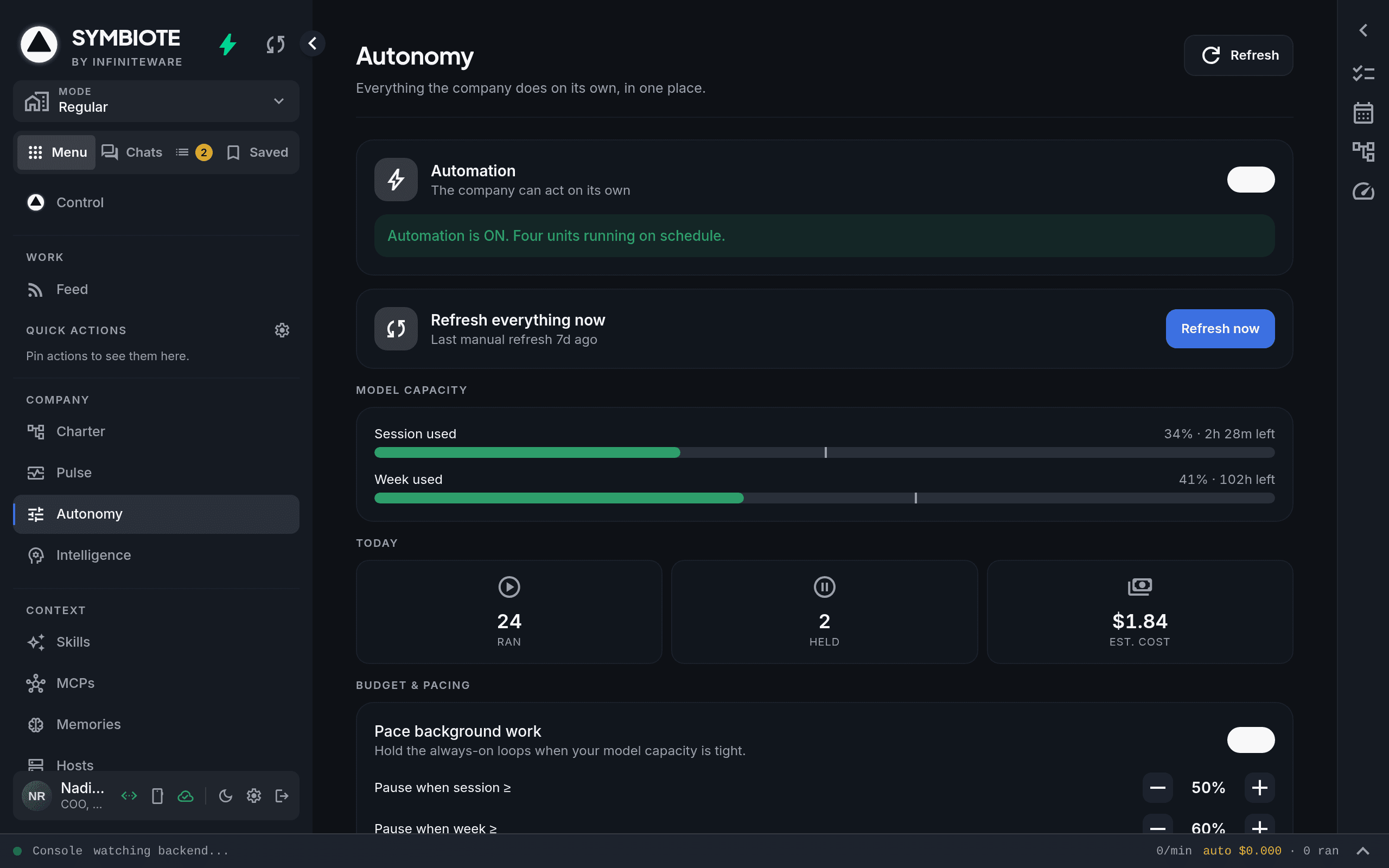 Symbiote autonomy command center, showing running agents